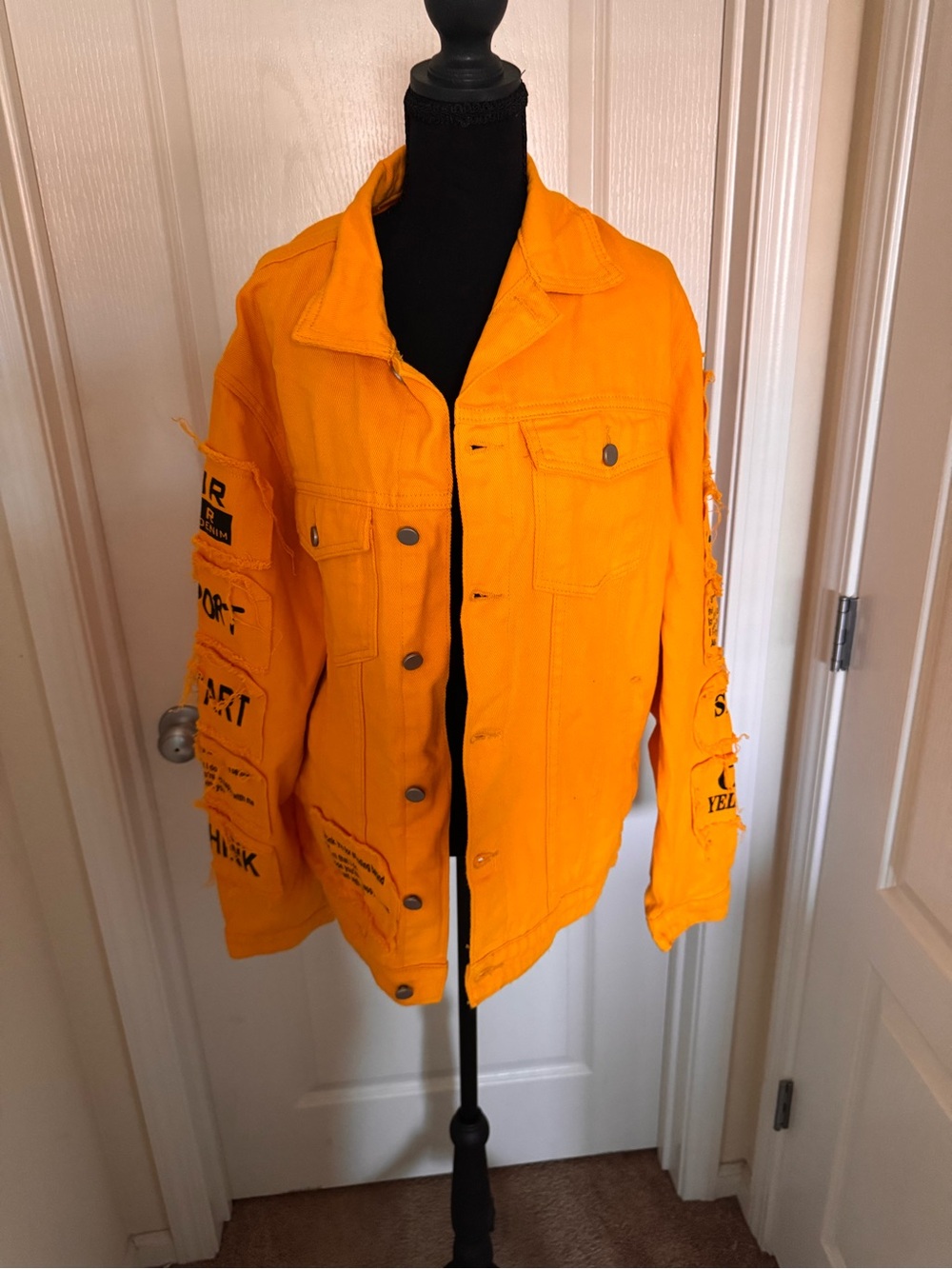 Bold Orange unisex Denim Jacket with Graphic Sleeve Details